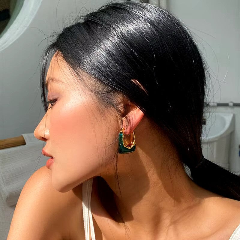 Boucles d'oreilles géométriques vert foncé, bijou en alliage plaqué or et en acrylique