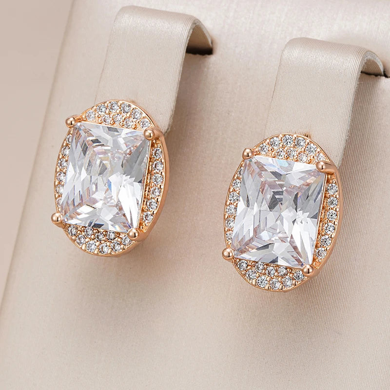 Boucles d'oreilles pierre de cristal et zircons, bijou en plaqué or rose 585 (14 carats) et en zircons naturels