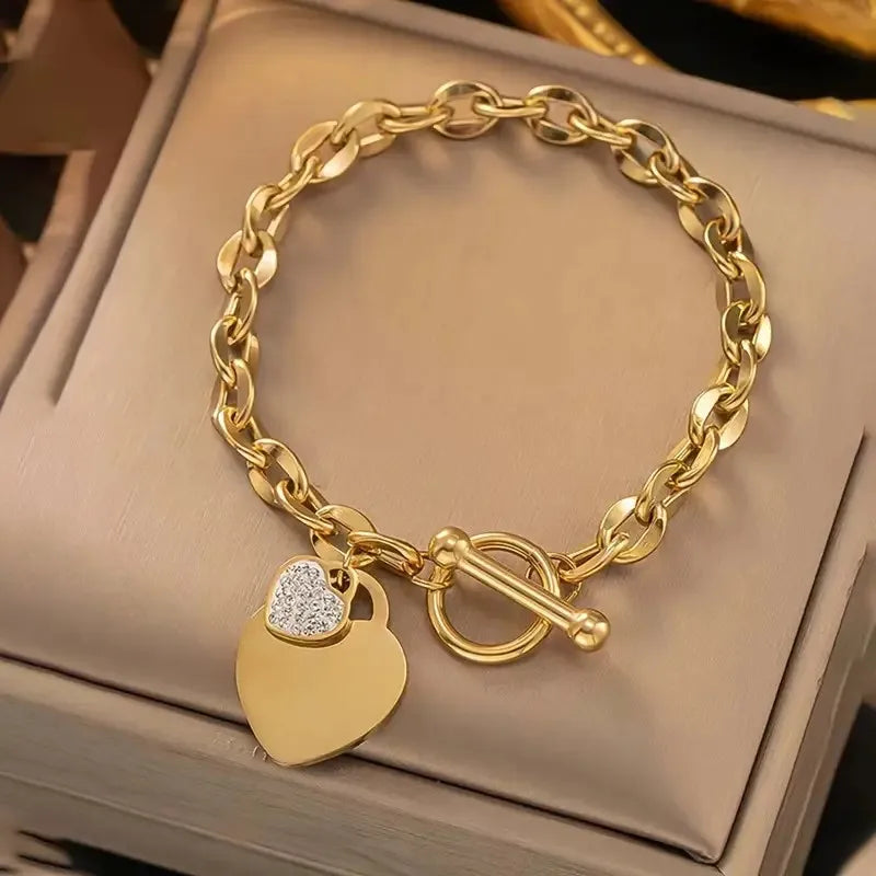 Bracelet à breloques duo de coeurs, bijou en acier inoxydable plaqué or