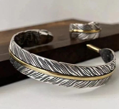 Bracelet Plume, bijou en alliage plaqué argent et plaqué or