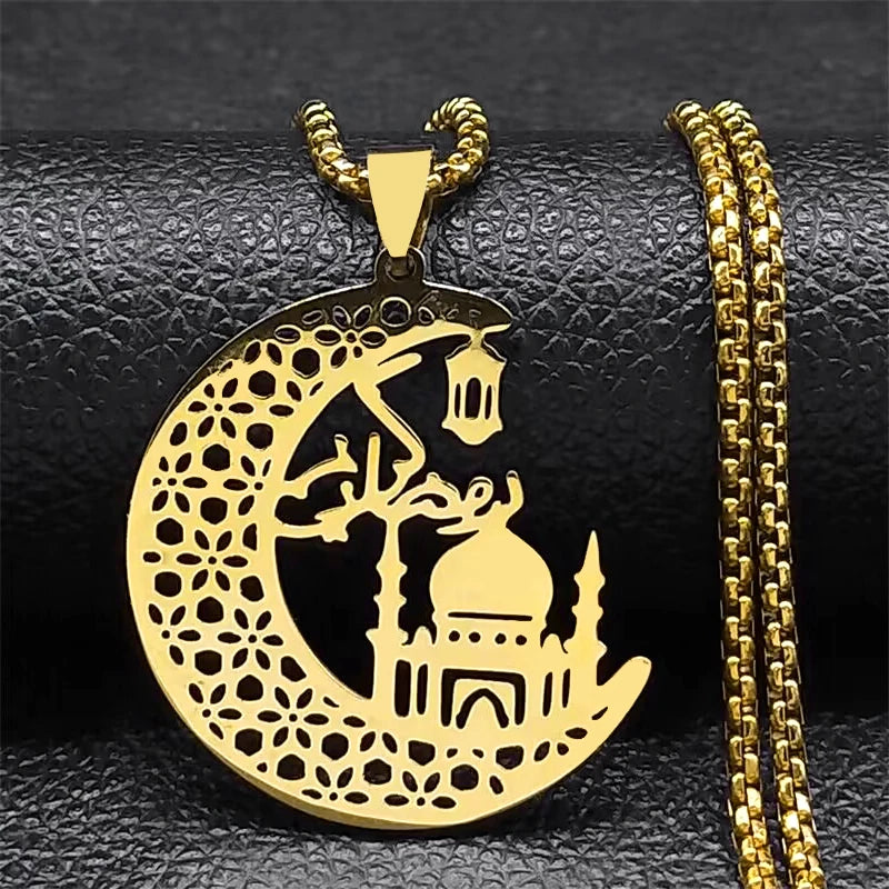 Collier Mosquée sur croissant de lune, chaîne maille vénitienne, bijou en acier inoxydable doré