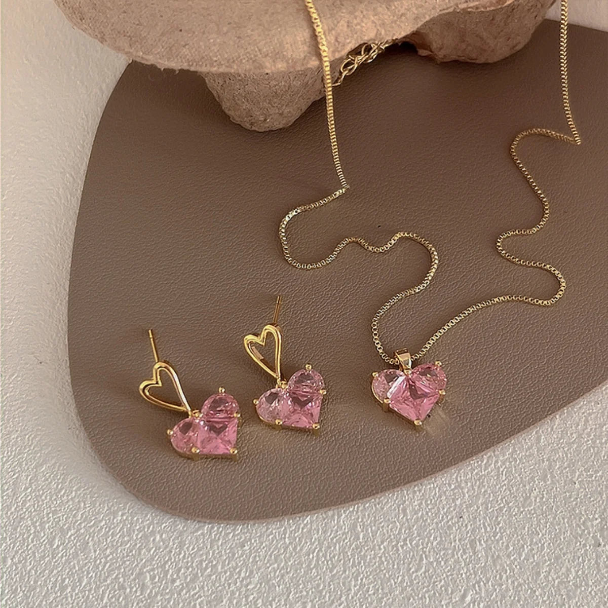 Parure de bijoux coeurs en zircons, bijoux en plaqué or 585 (14 carats) et en zircons
