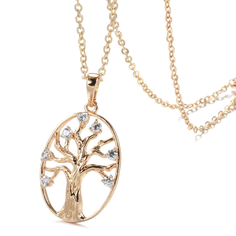 Collier Arbre de Vie, bijou en alliage plaqué or rose et en zircons naturels