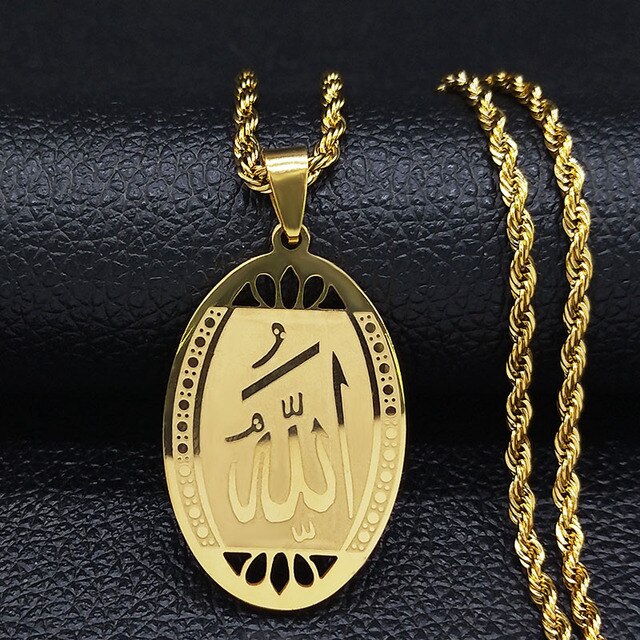 Collier médaillon islamique, bijou en acier inoxydable doré