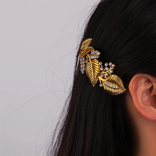 Pince à cheveux feuillage, bijou en acier inoxydable doré et en zircons naturels