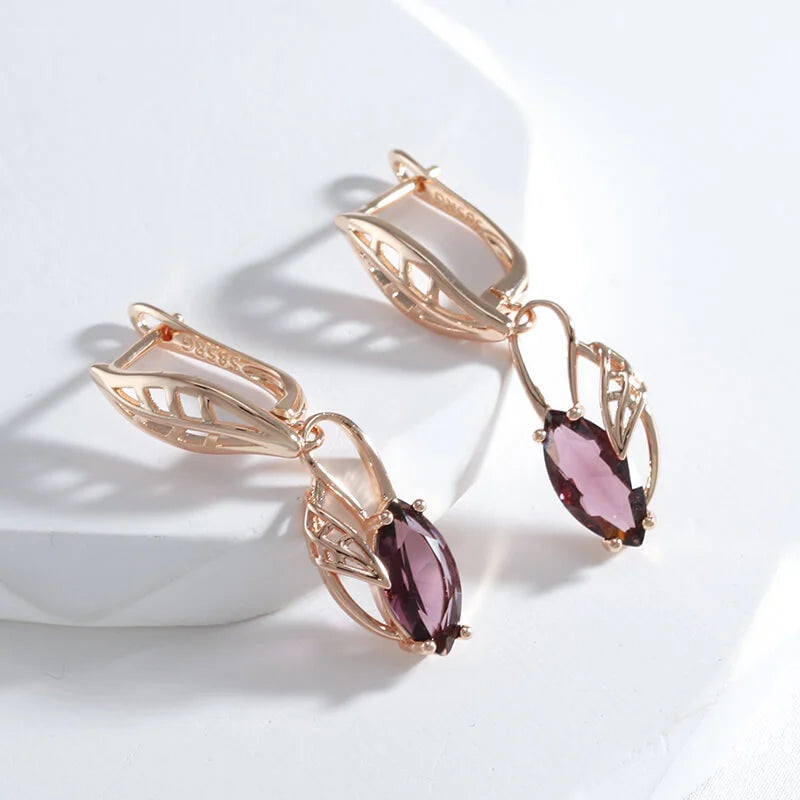 Boucles d'oreilles pendantes pierres de cristal violettes, bijou en plaqué or rose 585 (14 carats)