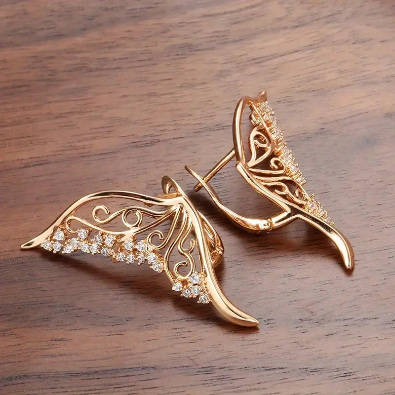 Boucles d'oreilles Papillon, bijou en alliage plaqué or 585 (14 carats) et zircons naturels