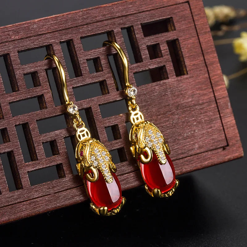 Boucles d'oreilles éléphant pierre agate rouge, bijou en acier inoxydable doré