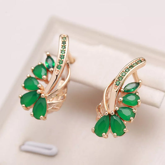 Boucles d'oreilles fleur verte, bijou en plaqué or rose et en zircons naturels