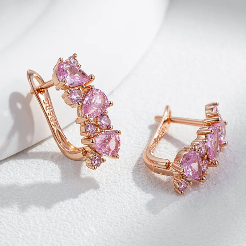 Boucles d'oreilles pavés de zircons roses, bijou en plaqué or rose 585 (14 carats) et en zircons naturels