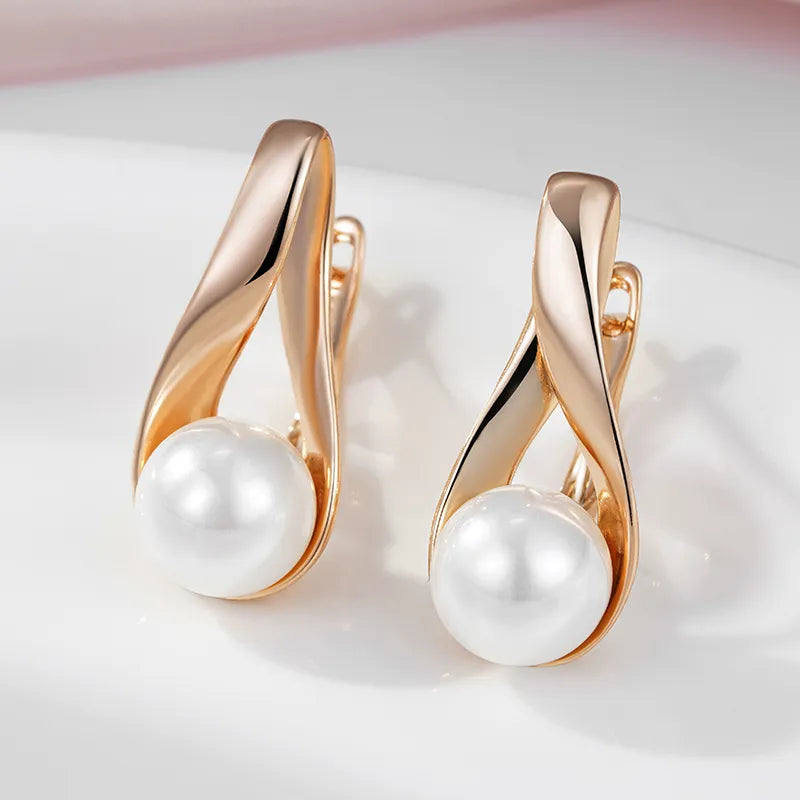 Boucles d'oreilles perles nacrées, bijou en plaqué or rose 585 (14 carats)