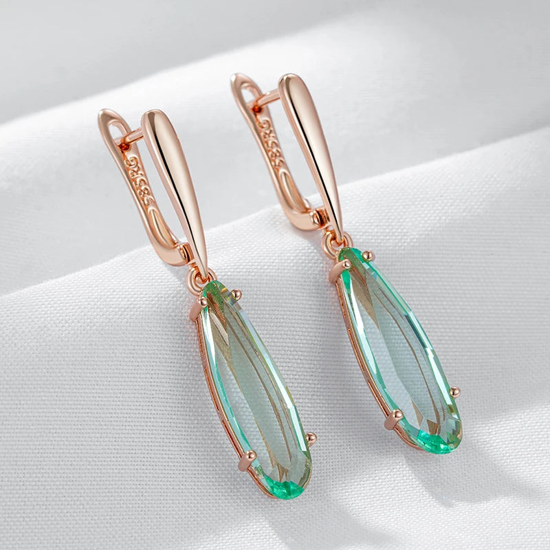 Boucles d'oreilles pendantes pierre de cristal tourmaline verte, bijou en plaqué or rose 585 (14 carats) et en cristal