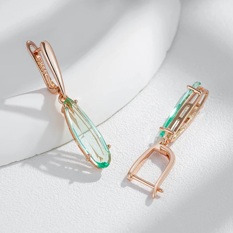 Boucles d'oreilles pendantes pierre de cristal tourmaline verte, bijou en plaqué or rose 585 (14 carats) et en cristal