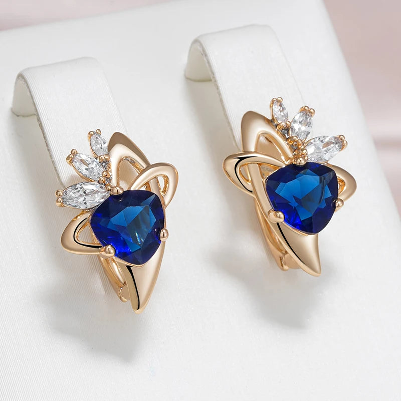 Boucles d'oreilles Zircons bleu saphir et blancs, bijou en alliage plaqué or 585 (14 carats) et en zircons naturels