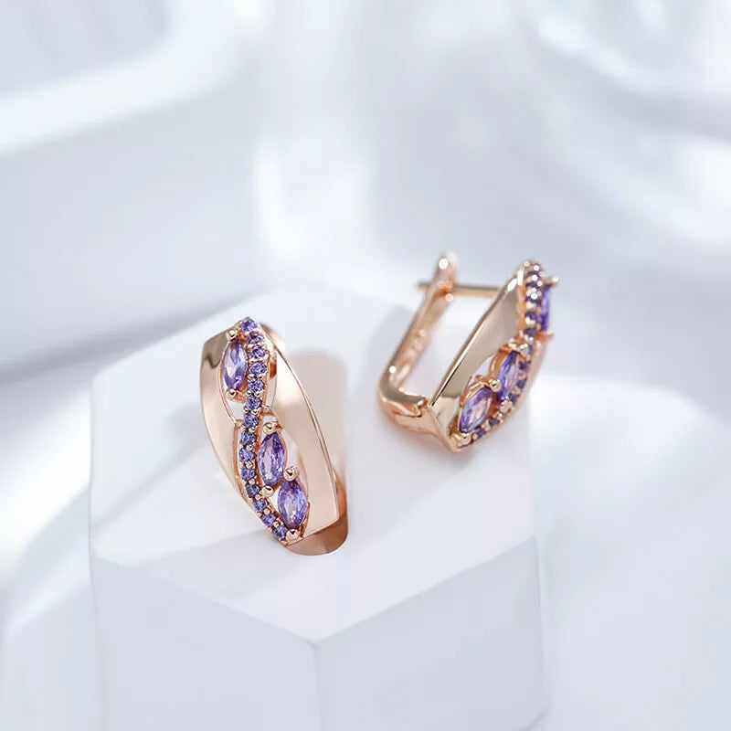 Boucles d'oreilles serties de zircons mauves, bijou en plaqué or rose 585 (14 carats) et en zircons naturels