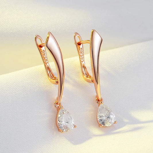 Boucles d'oreilles zircons en forme de poire, bijou en plaqué or rose 585 (14 carats) et en zircons naturels