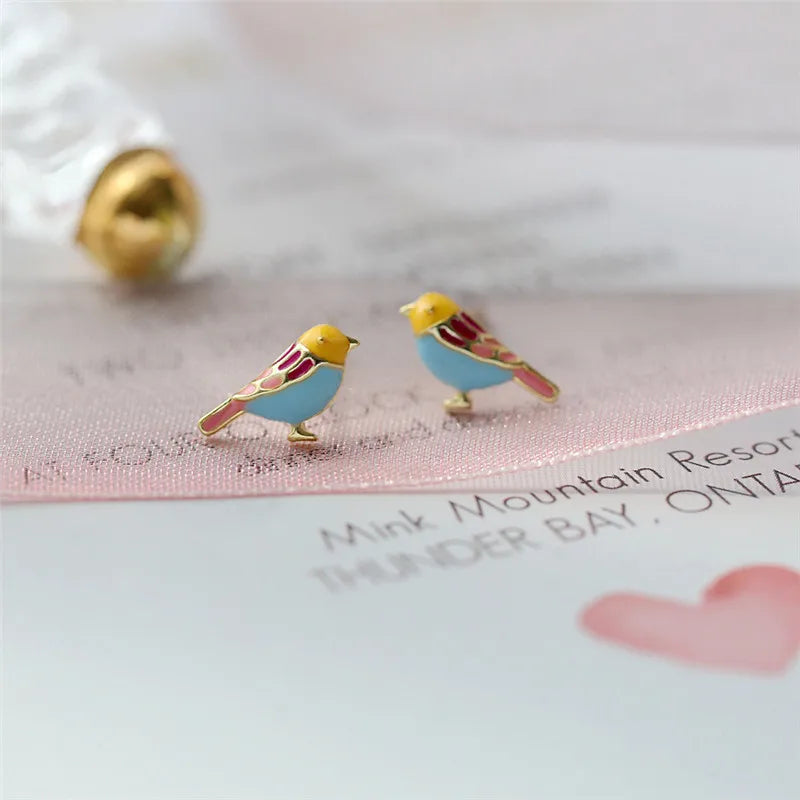 Boucles d'oreilles Oiseaux multicolores, bijou en plaqué or 585 (14 ct) et en émail