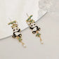 Boucles d'oreilles pendantes Pandas, bambou et perles, bijou en alliage plaqué or 585 (14 ct) et en émail