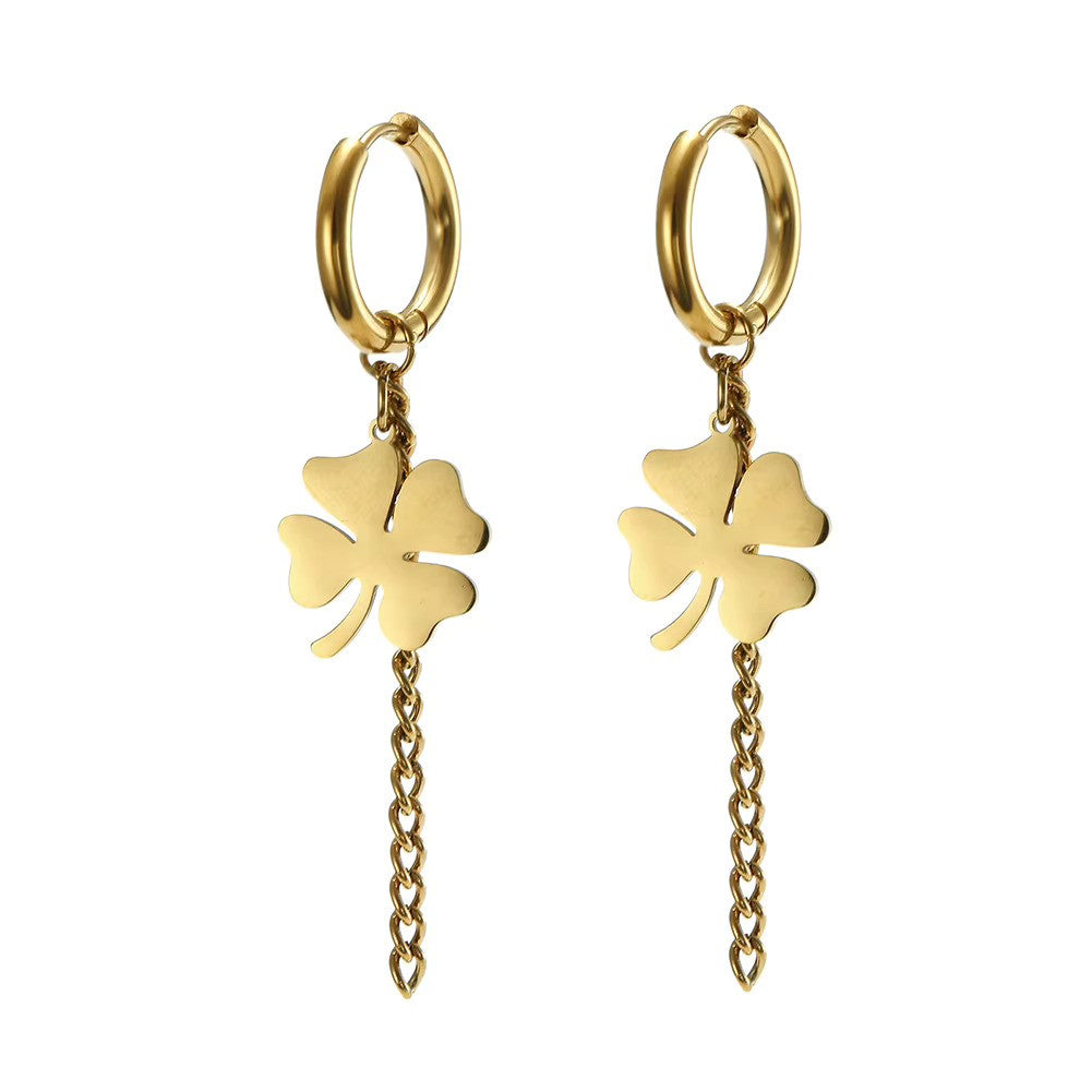 Boucles d'oreilles pendantes Trèfle à quatre feuilles, bijou en acier inoxydable doré