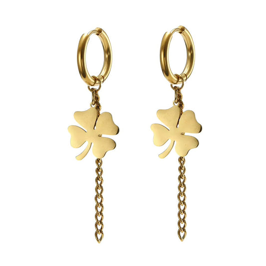Boucles d'oreilles pendantes Trèfle à quatre feuilles, bijou en acier inoxydable doré