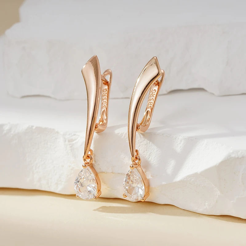 Boucles d'oreilles zircons en forme de poire, bijou en plaqué or rose 585 (14 carats) et en zircons naturels