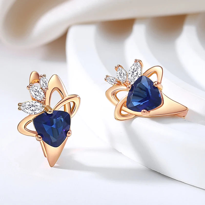 Boucles d'oreilles Zircons bleu saphir et blancs, bijou en alliage plaqué or 585 (14 carats) et en zircons naturels