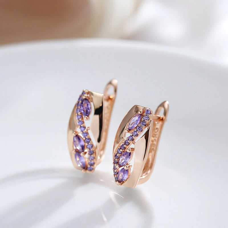 Boucles d'oreilles serties de zircons mauves, bijou en plaqué or rose 585 (14 carats) et en zircons naturels