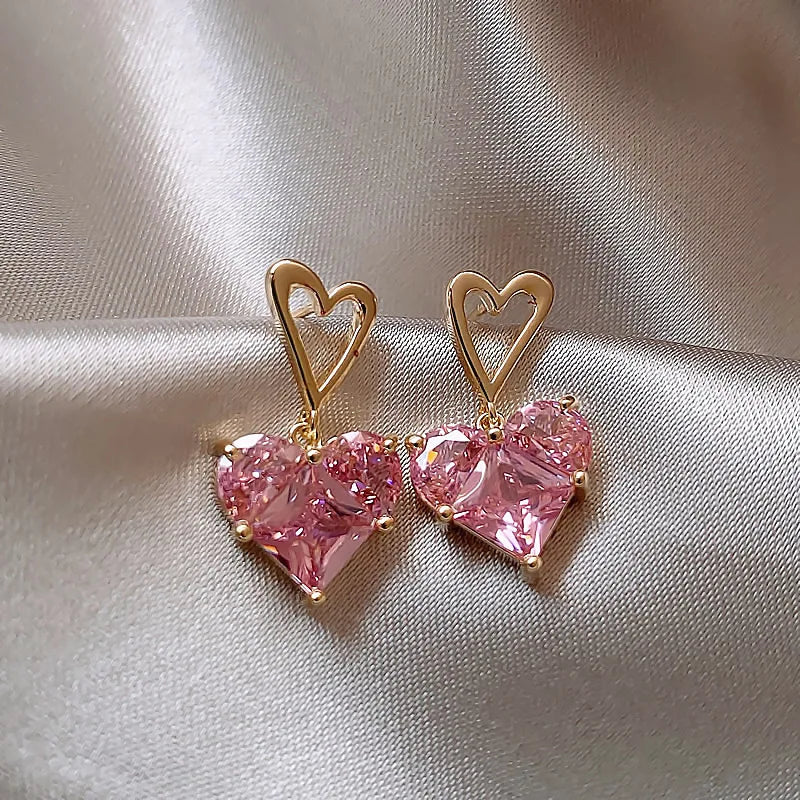 Boucles d'oreilles Coeurs en zircons roses, bijou en plaqué or et en zircons