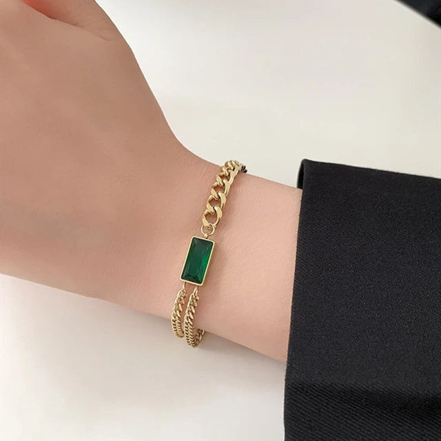 Bracelet cristal vert émeraude, bijou en acier inoxydable plaqué or et en cristal