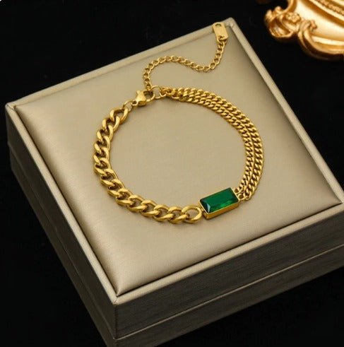 Bracelet cristal vert émeraude, bijou en acier inoxydable plaqué or et en cristal