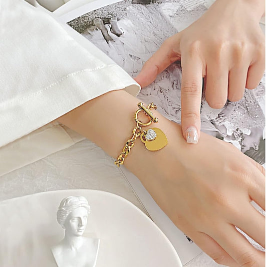 Bracelet à breloques duo de coeurs, bijou en acier inoxydable plaqué or rose
