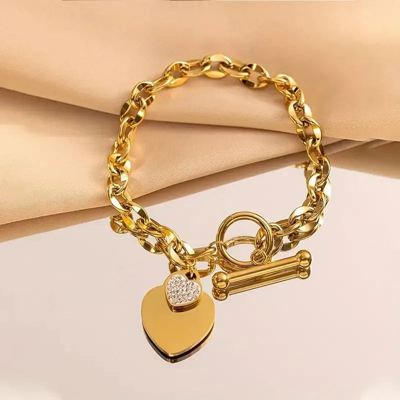 Bracelet à breloques duo de coeurs, bijou en acier inoxydable plaqué or