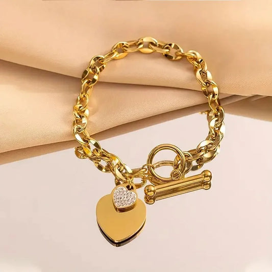 Bracelet à breloques duo de coeurs, bijou en acier inoxydable plaqué or