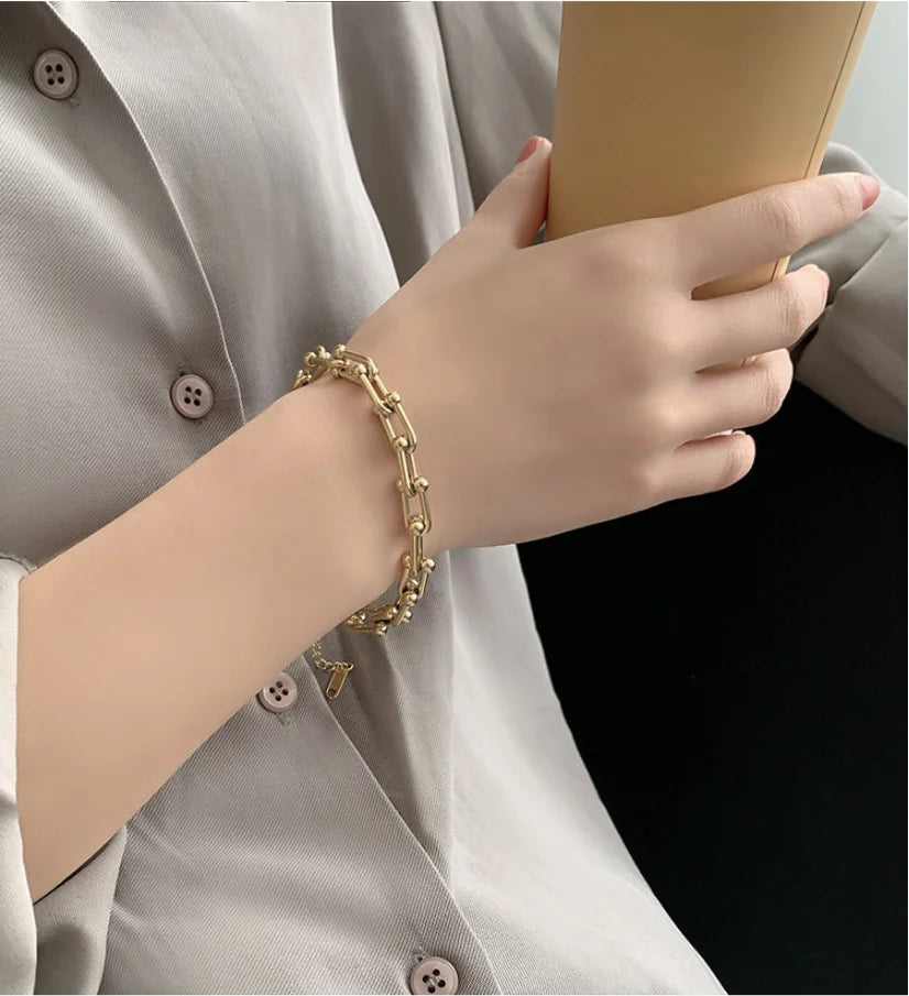 Bracelet Maillons en U, bijou en acier inoxydable doré 18 carats