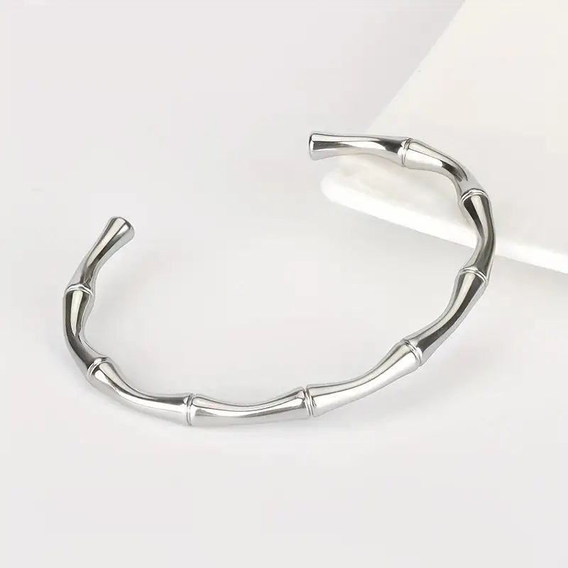 Bracelet jonc bambou, bijou en acier inoxydable argenté
