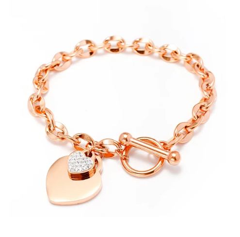 Bracelet à breloques duo de coeurs, bijou en acier inoxydable plaqué or rose