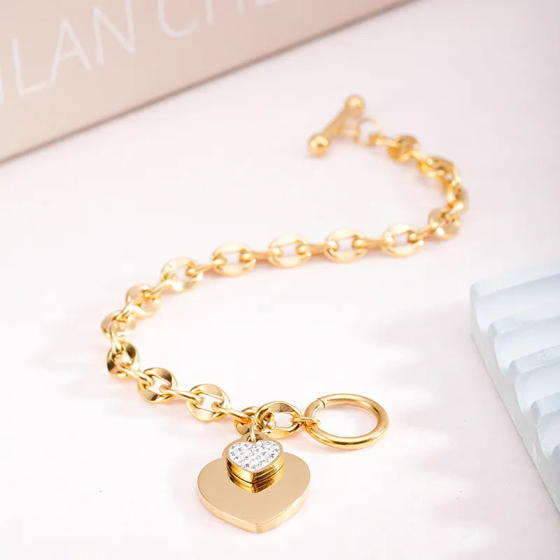 Bracelet à breloques duo de coeurs, bijou en acier inoxydable plaqué or
