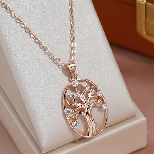Collier Arbre de Vie, bijou en alliage plaqué or rose et en zircons naturels