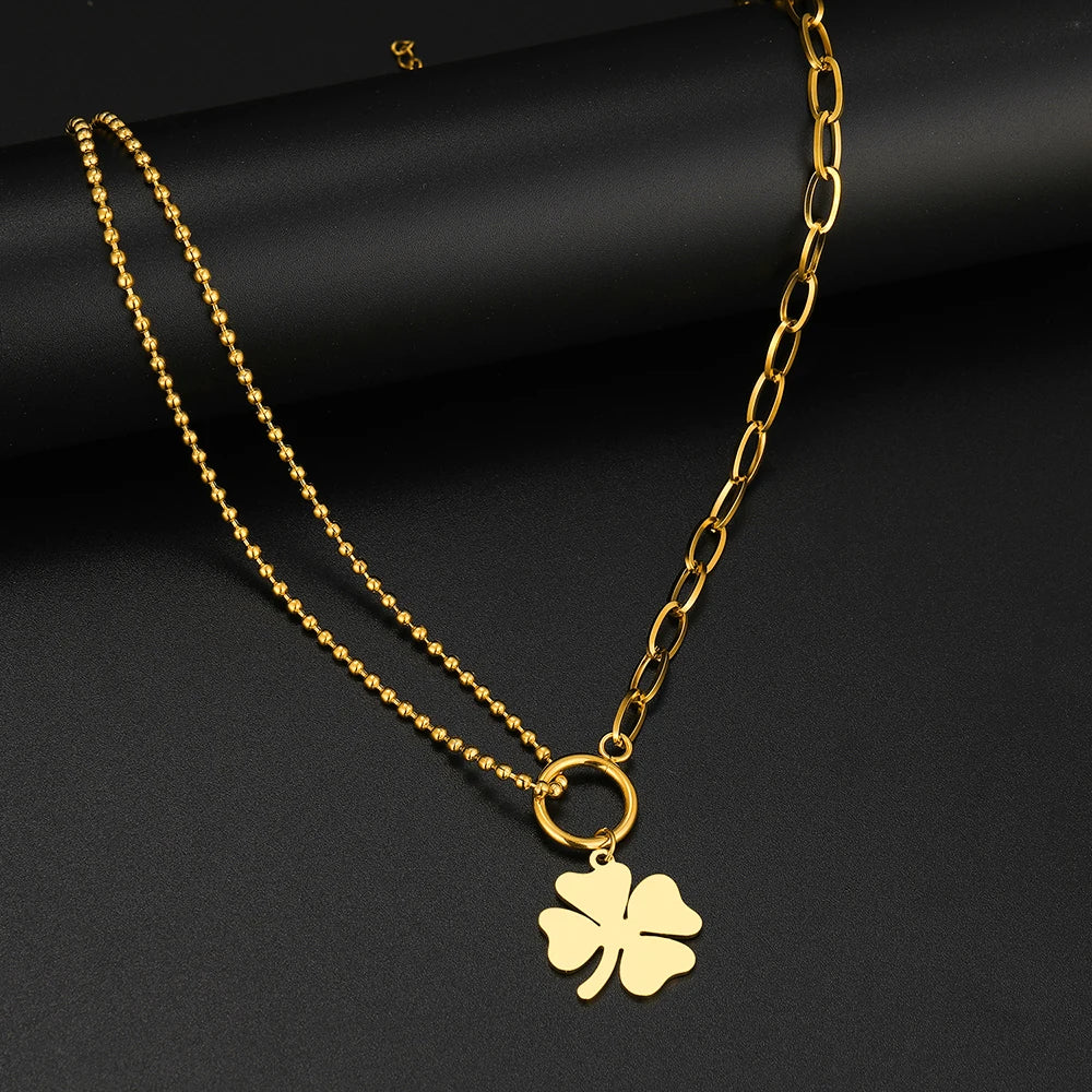 Collier asymétrique trèfle, bijou en acier inoxydable doré