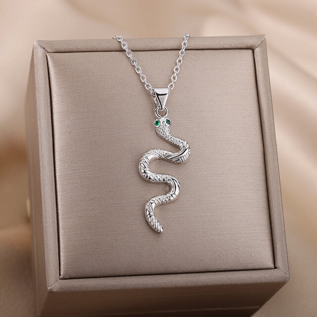 Collier Serpent, bijou en acier inoxydable argenté et zircons naturels