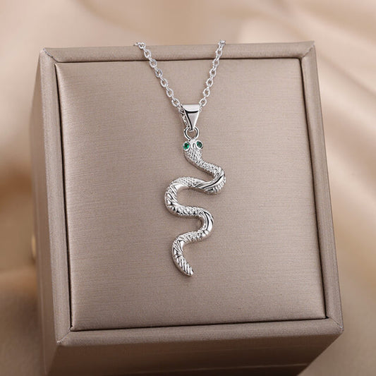 Collier Serpent, bijou en acier inoxydable argenté et zircons naturels