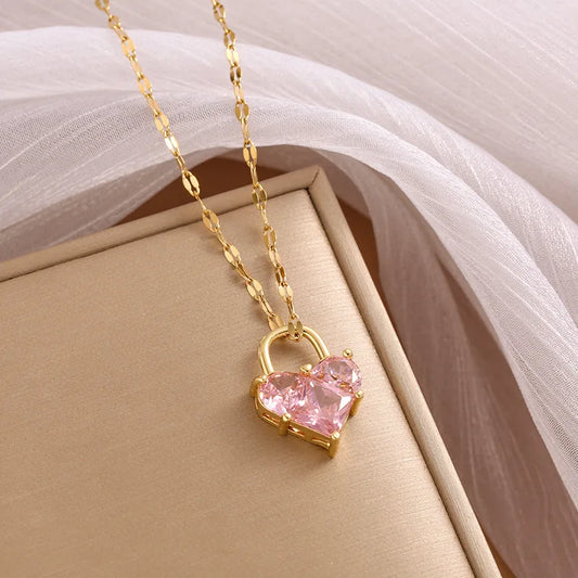 Collier Cadenas en forme de coeur, bijou en alliage plaqué or 585 (14 carats) et pierres de cristal