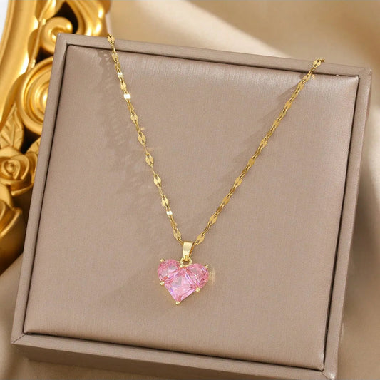 Collier coeur en zircons roses, maille Lips, bijou en plaqué or 585 et en cristal
