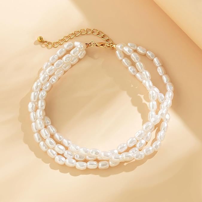 Collier ras-du-cou multirangs et perlé, bijoux en alliage plaqué or et en acrylique