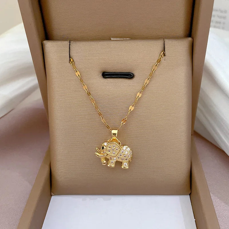 Collier Petit éléphant, bijou en acier inoxydable doré et zircons naturels