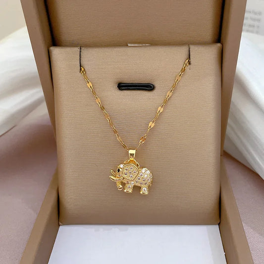 Collier Petit éléphant, bijou en acier inoxydable doré et zircons naturels