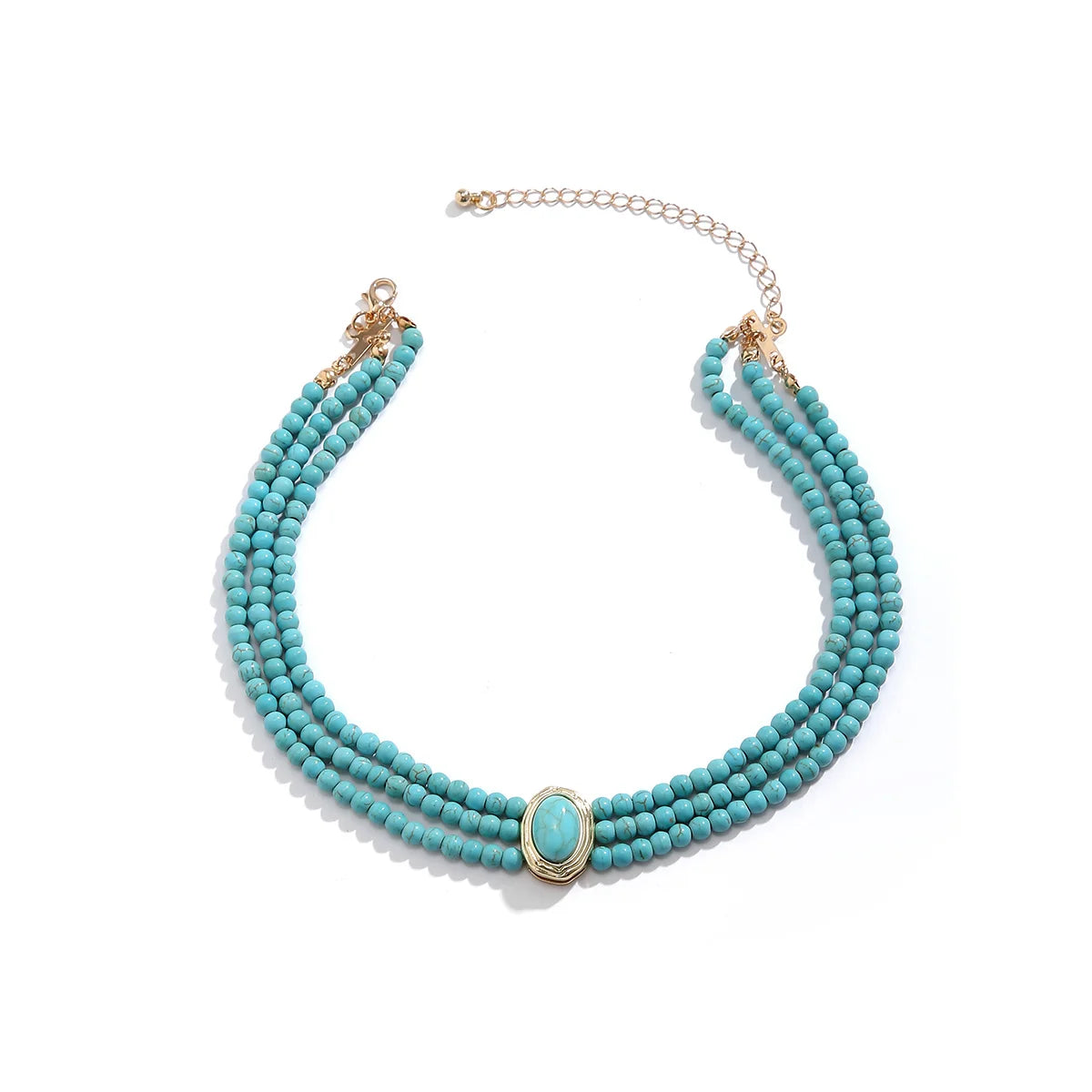 Collier multicouches de perles, bijou en plaqué or et en pierre naturelle turquoise