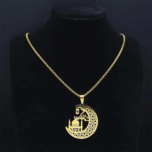 Collier Mosquée sur croissant de lune, chaîne maille vénitienne, bijou en acier inoxydable doré