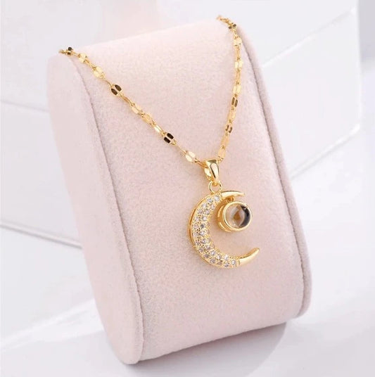 Collier Croissant de lune avec zircons, bijou en acier inoxydable doré