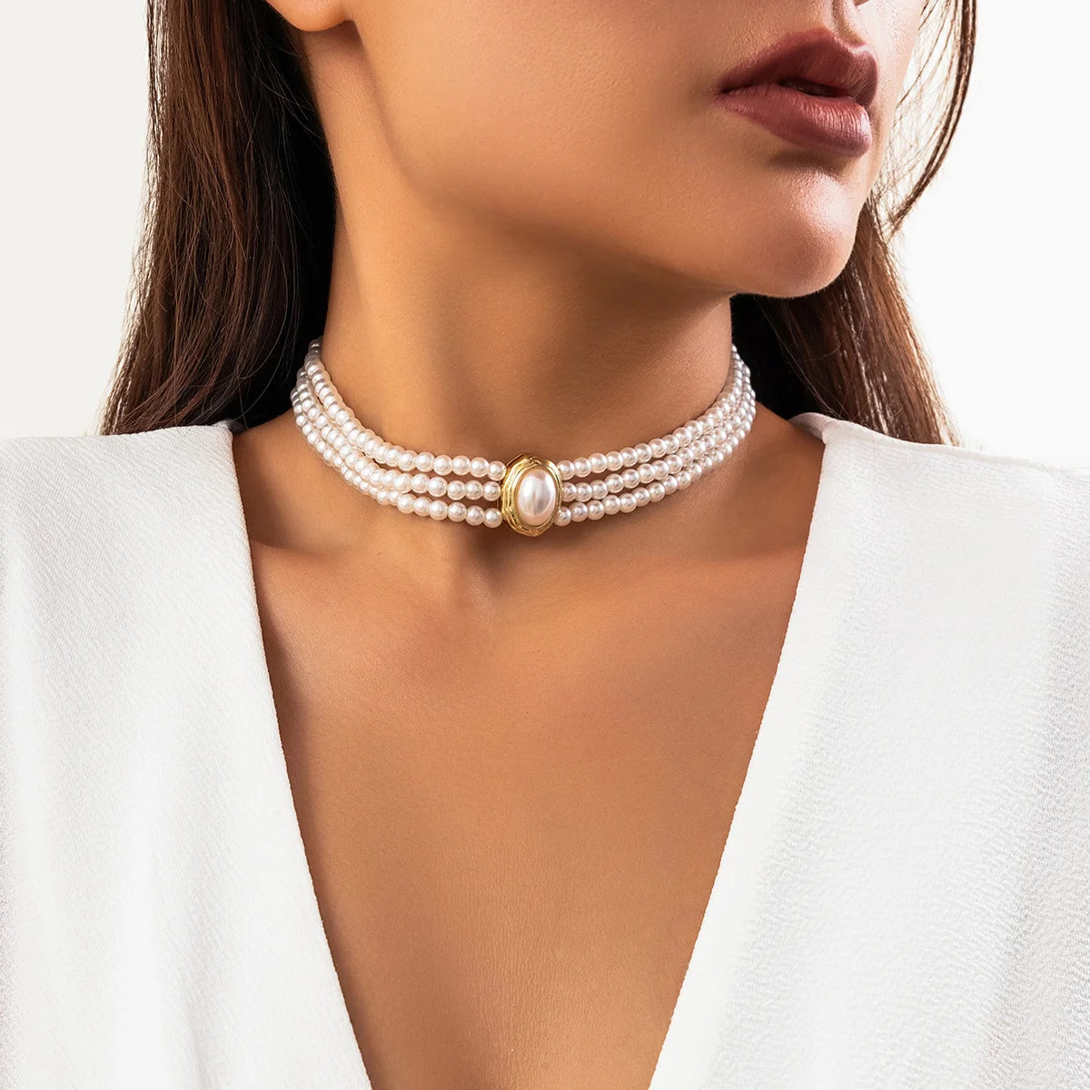 Collier multicouches de perles beige ivoire, bijou en acrylique